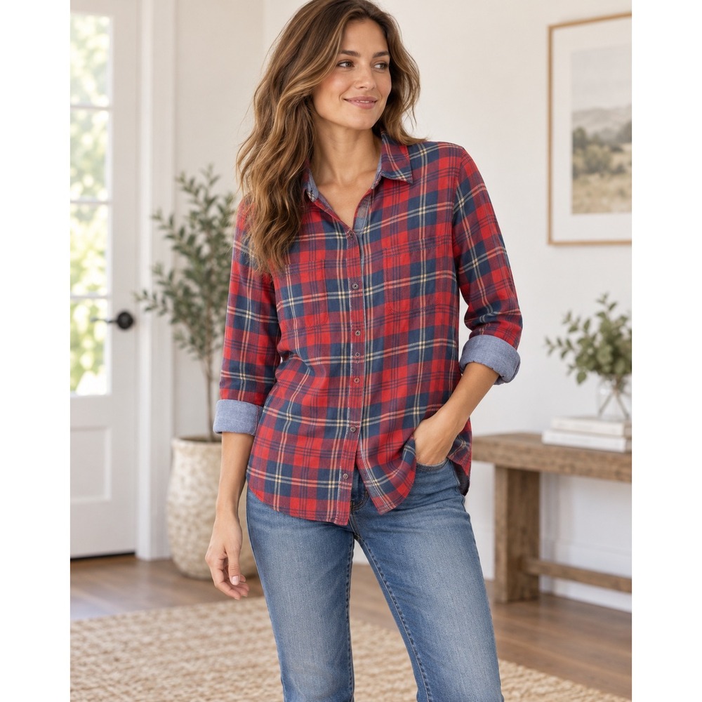 Treasure & Bond Women L Red Navy Plaid Shirt Chambray Contrast Detail Cotton